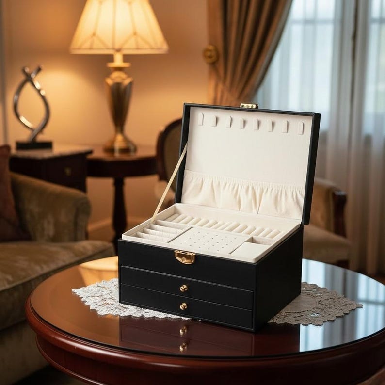 Multi-Layer Jewelry Box with Lock – PU Leather Organizer