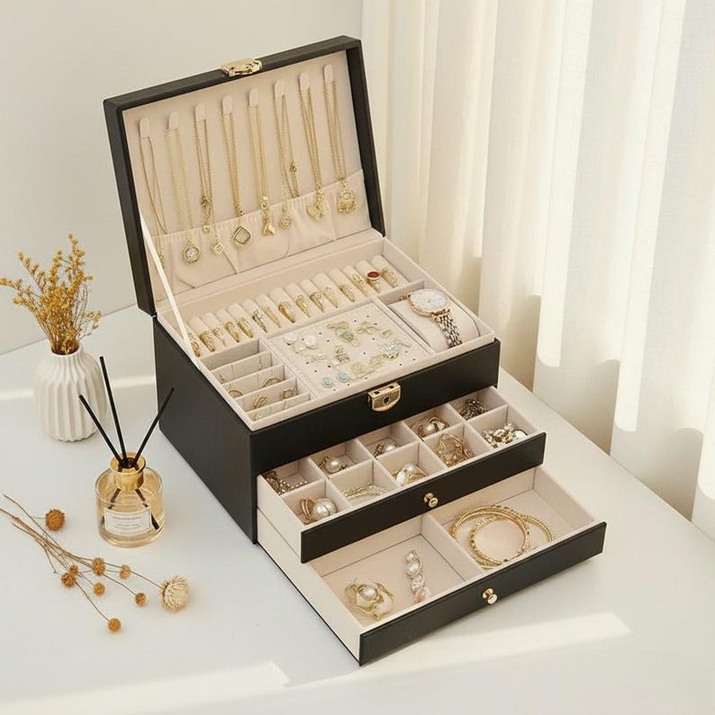 Multi-Layer Jewelry Box with Lock – PU Leather Organizer