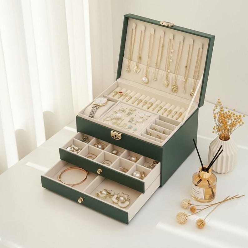 Multi-Layer Jewelry Box with Lock – PU Leather Organizer