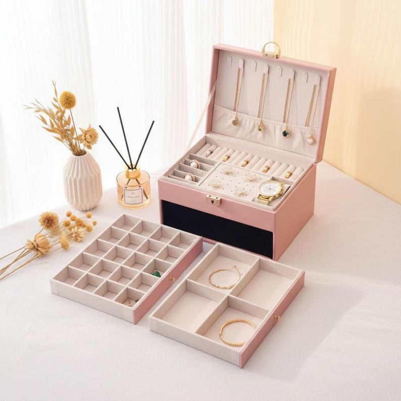 Multi-Layer Jewelry Box with Lock – PU Leather Organizer