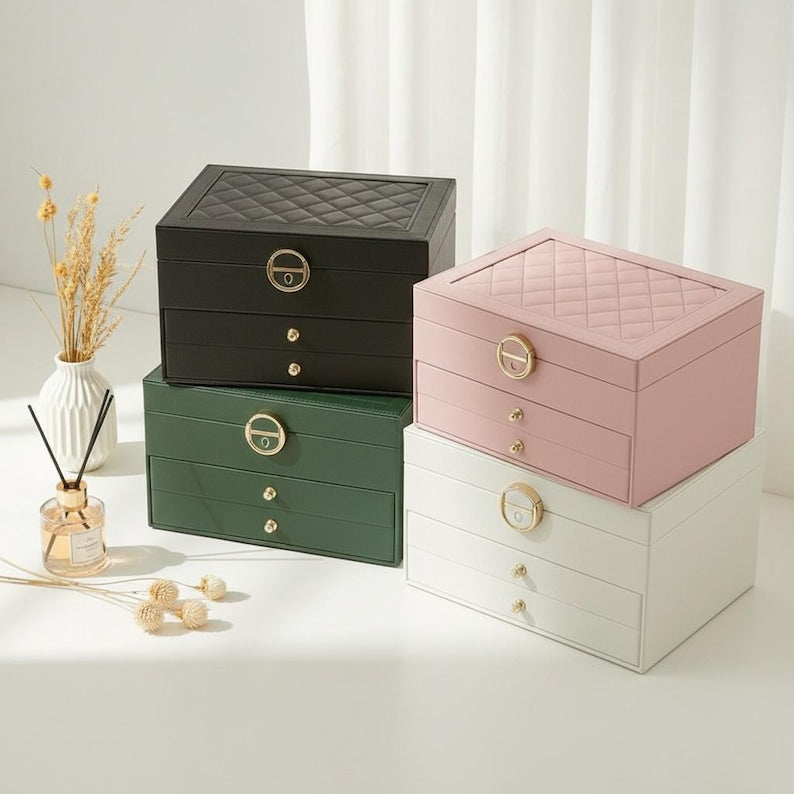 Multi-Layer Jewelry Box with Lock – PU Leather Organizer