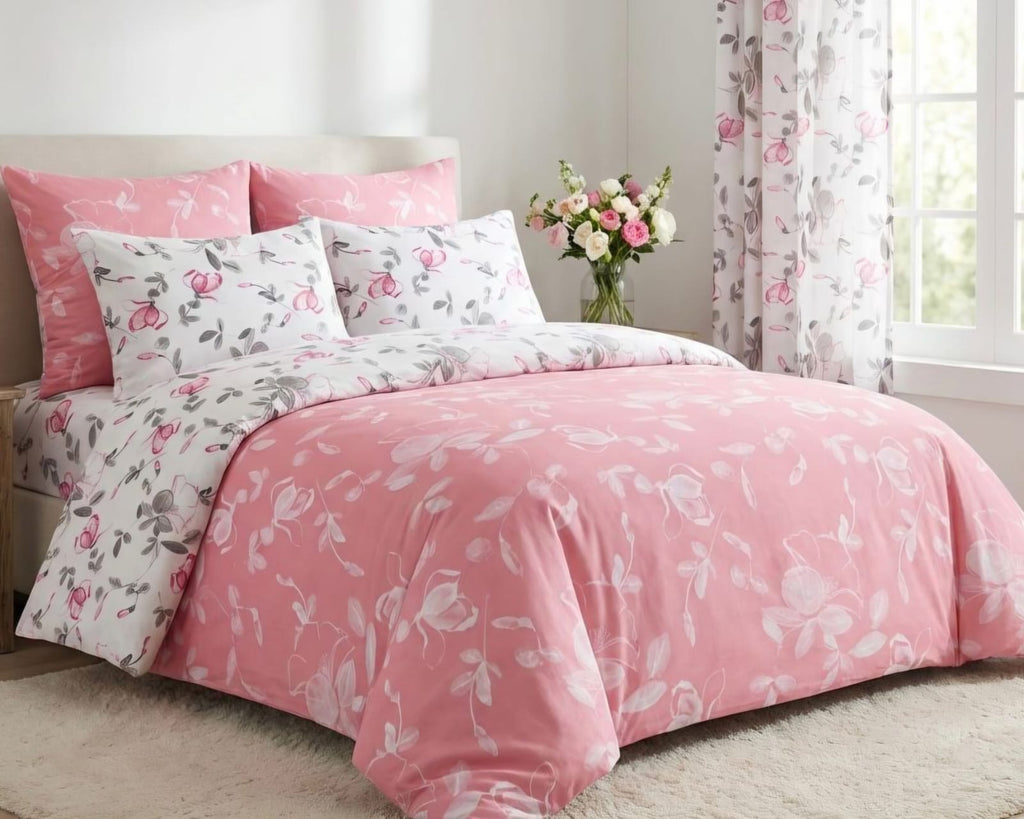 7 PC Pink Floral Reversible Bedding Set