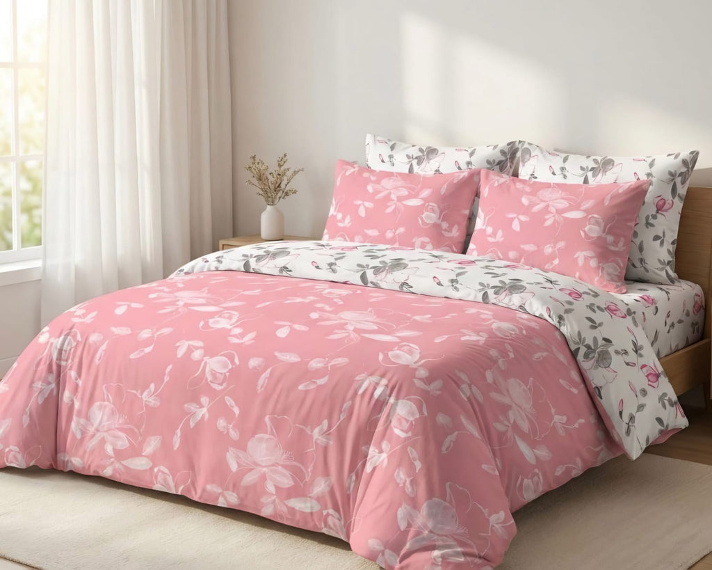 7 PC Pink Floral Reversible Bedding Set