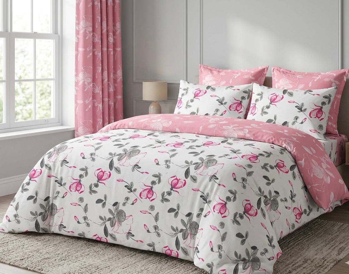 7 PC Pink Floral Reversible Bedding Set