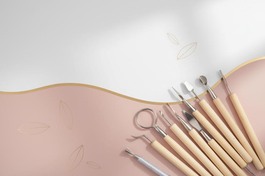 Wide collection banner of clay sculpting tools on blush pink background