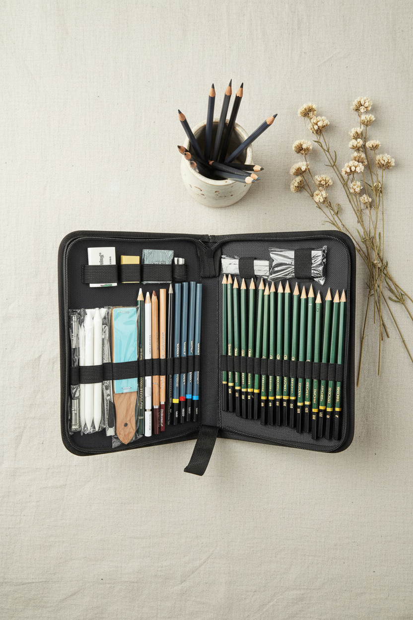 Pencil sketching kit editorial flat lay on linen