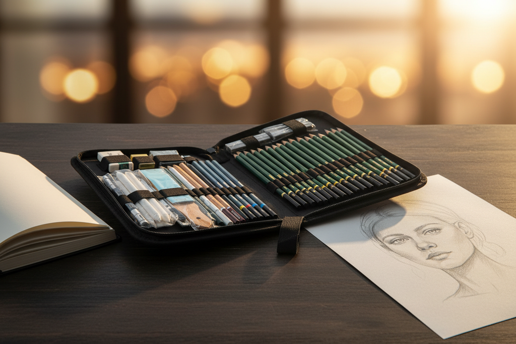 Artist pencil set lifestyle shot on wooden desk