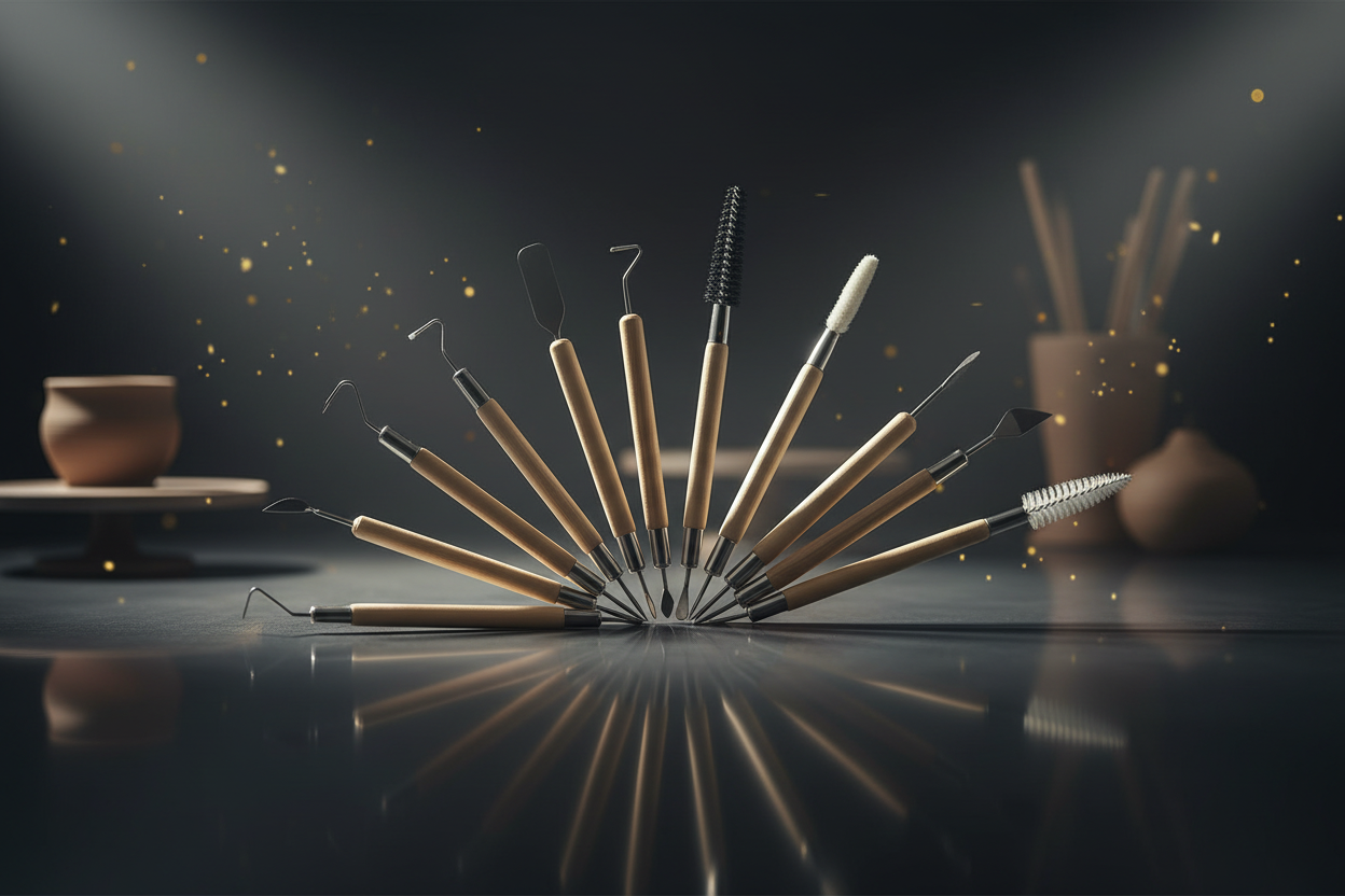 Cinematic hero image of clay sculpting tools with dramatic gold lighting
