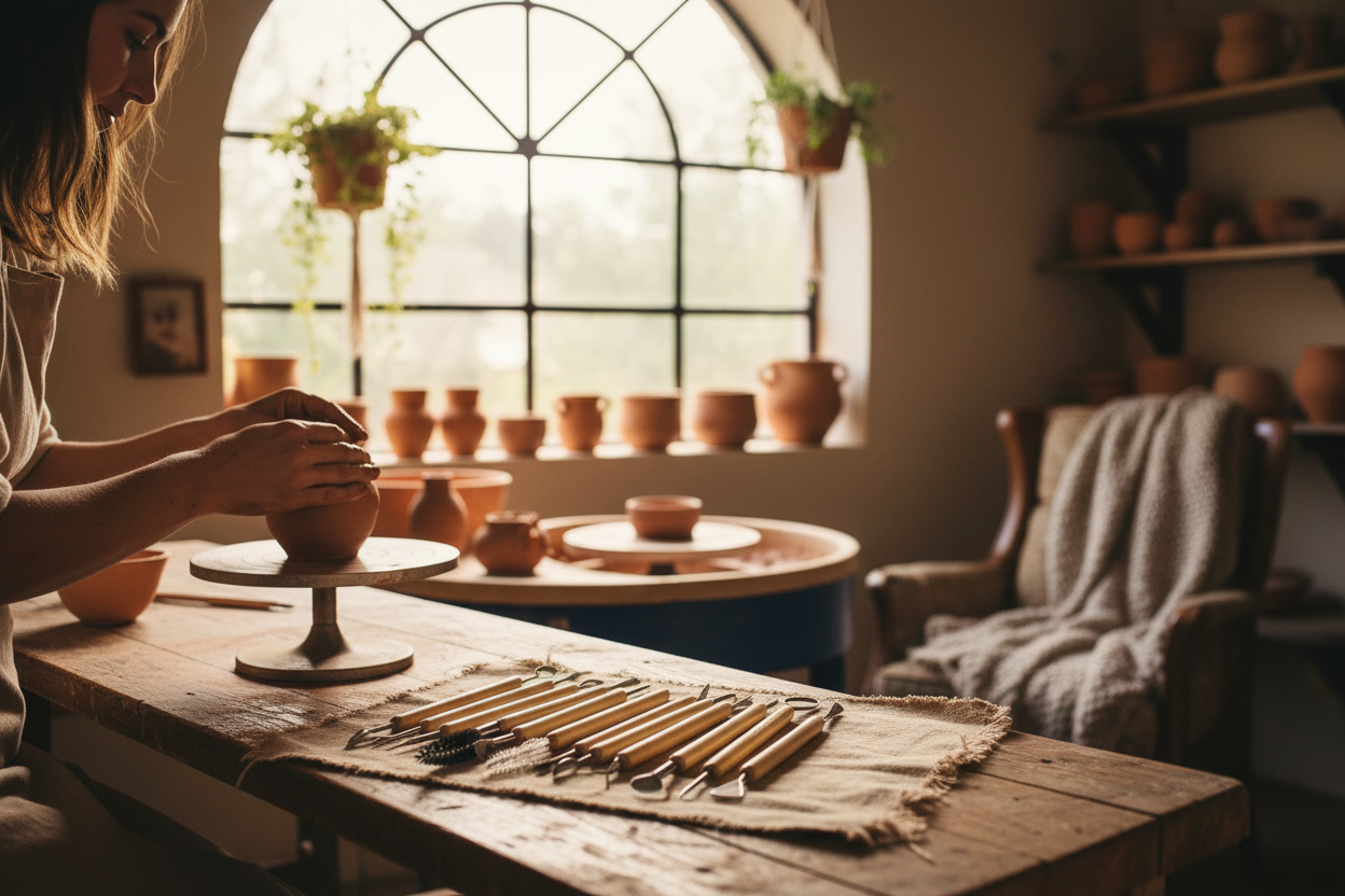 Artist using clay sculpting tools in pottery studio