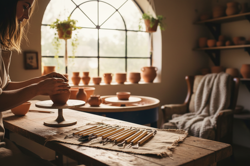 Artist using clay sculpting tools in pottery studio