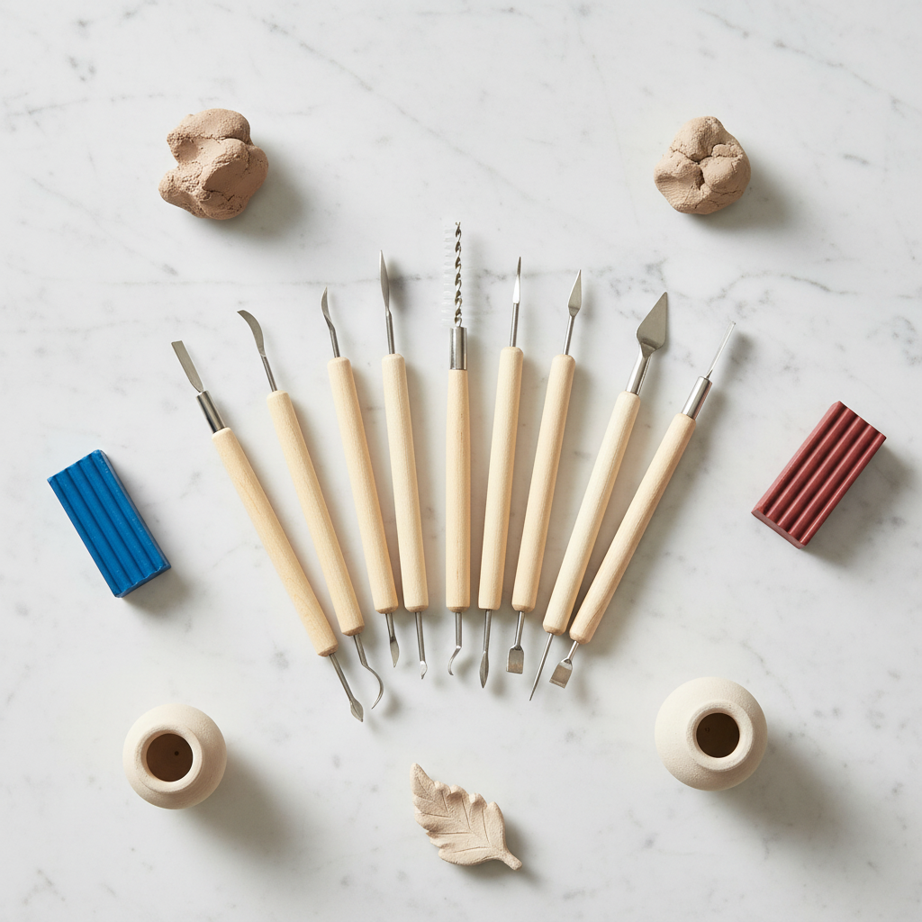 Flat lay of clay tools with polymer clay and ceramic accessories on marble surface