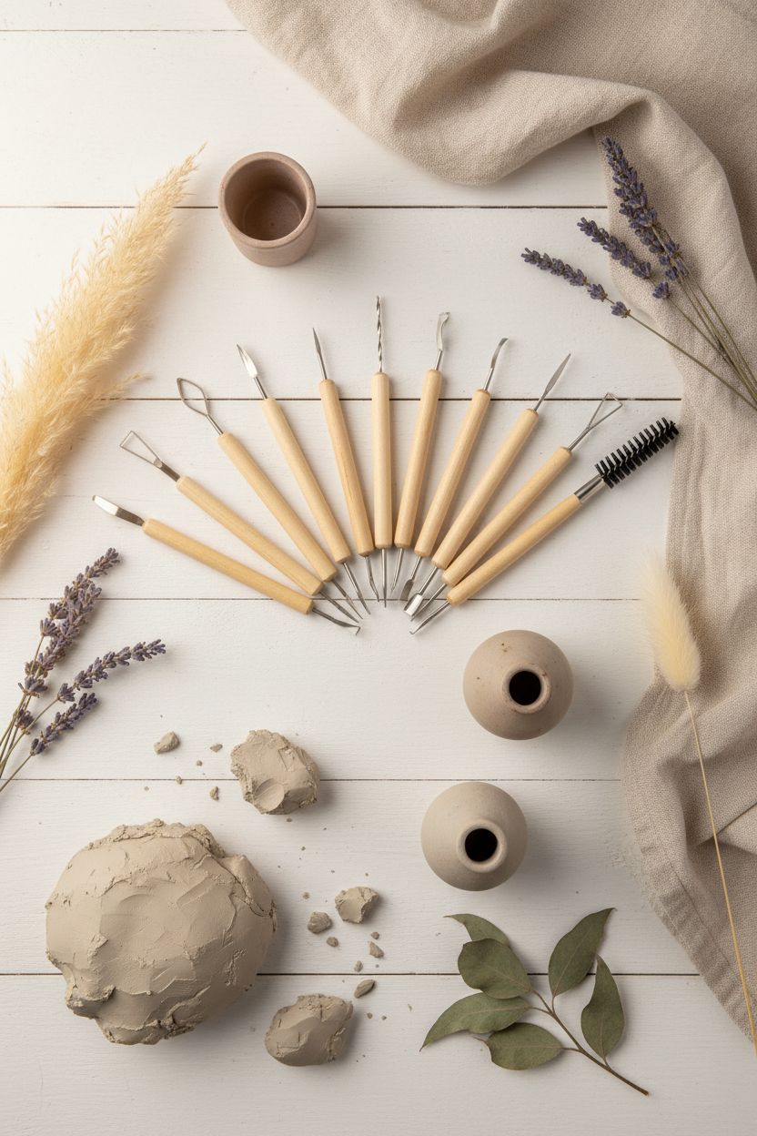 Pinterest-style flat lay of clay tools with artisan decor elements