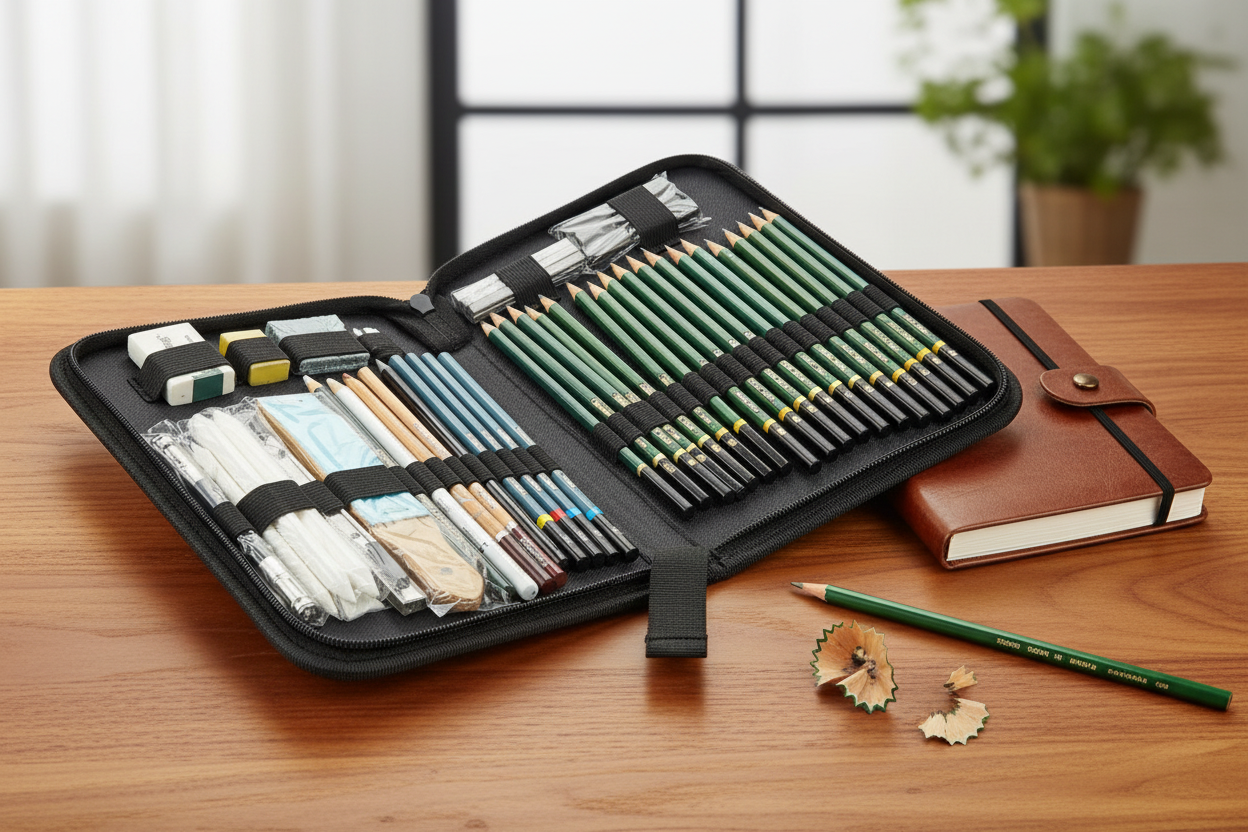 Artist sketching pencil set in black zippered case on warm wooden desk lifestyle product photography