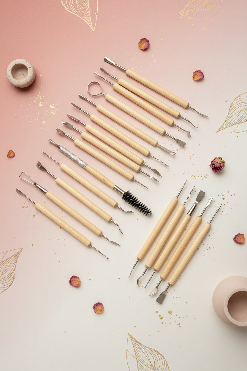 Clay tool set styled on blush pink background for social media
