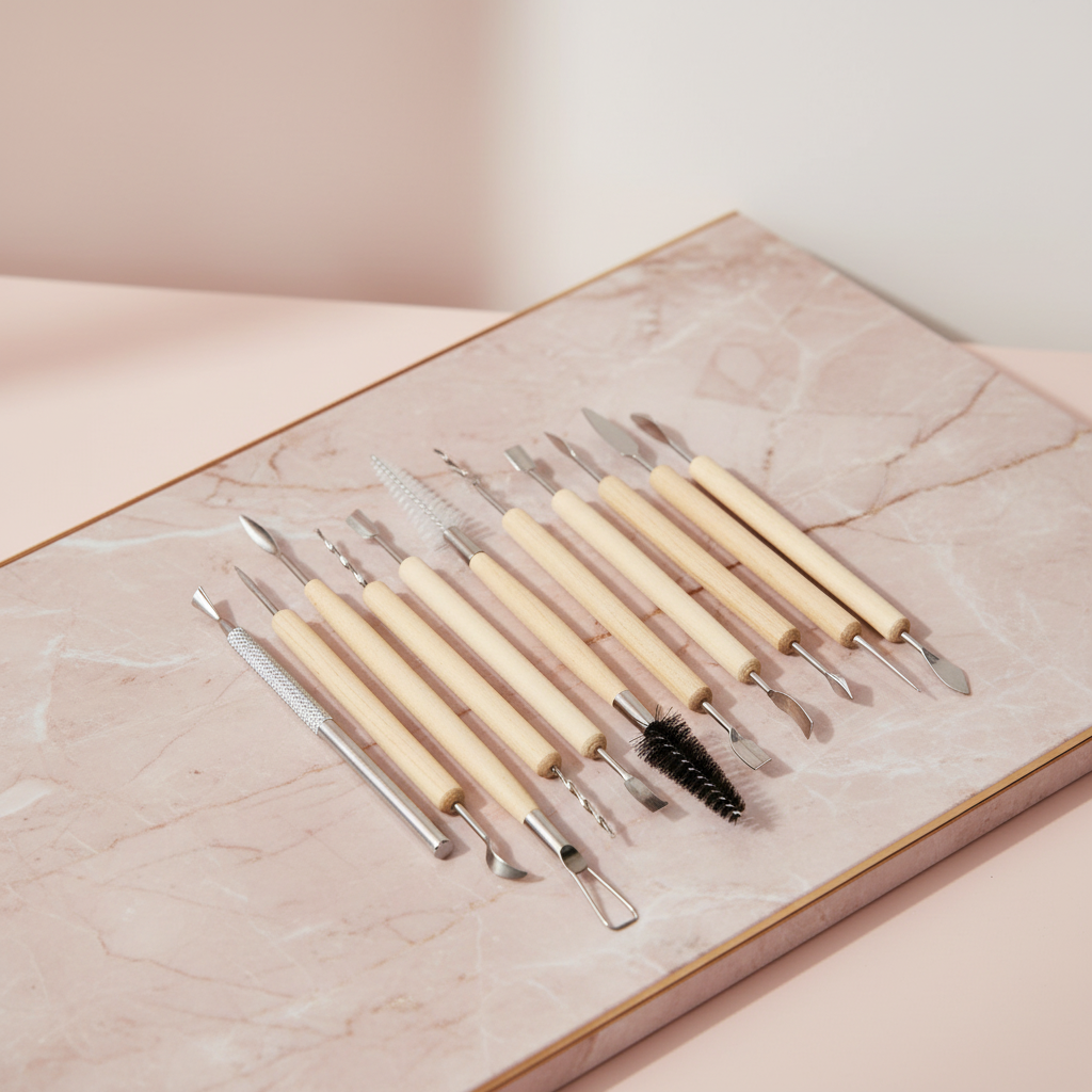 High-end commercial mockup of clay tool set on luxury marble surface