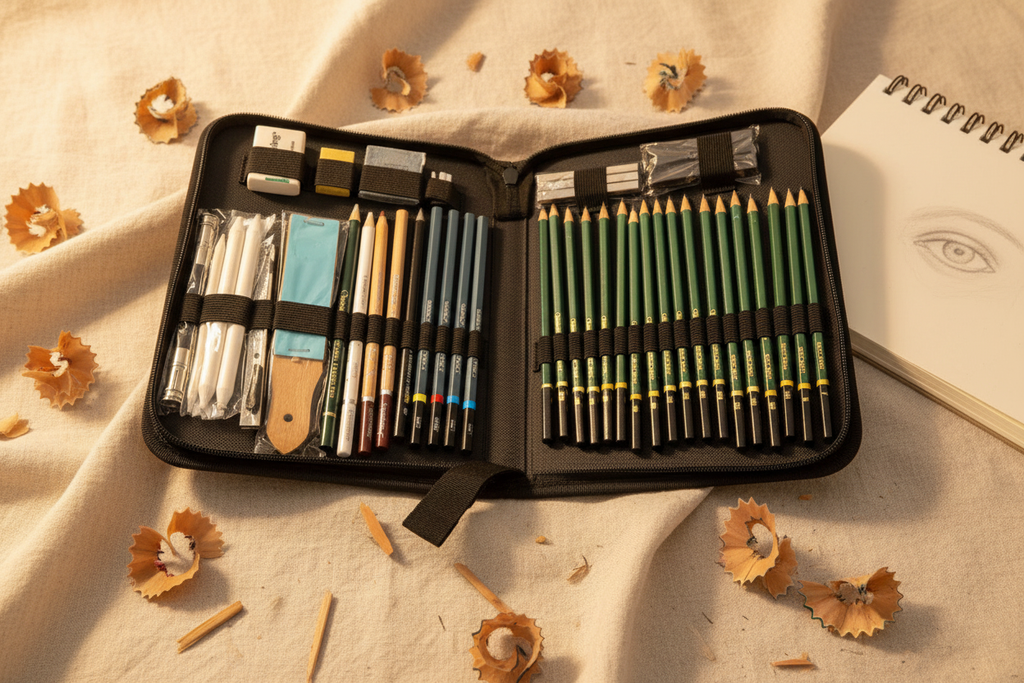 48 piece sketching set on ivory linen fabric with sketchbook creative workspace aesthetic