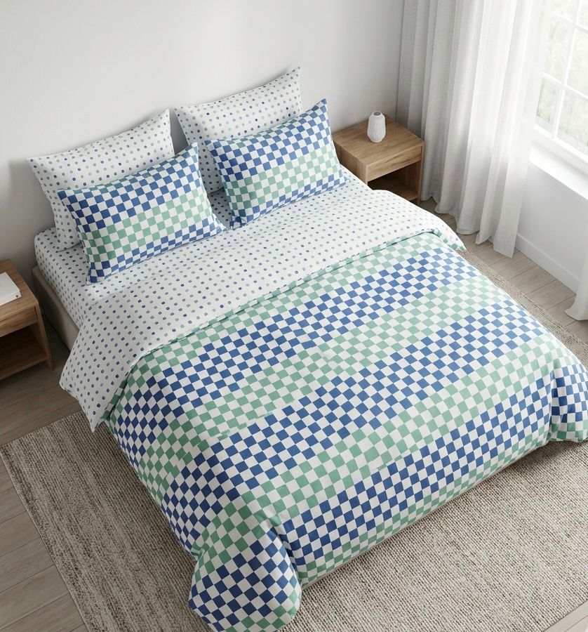 7 PC Aqua Blue Checkerboard Premium Bedsheet Set – Soft Cotton Comfort