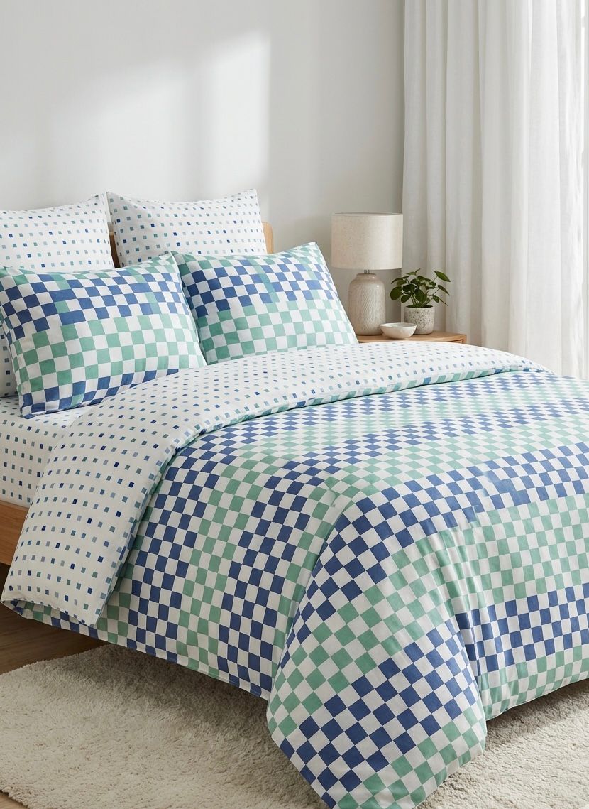 7 PC Aqua Blue Checkerboard Premium Bedsheet Set – Soft Cotton Comfort