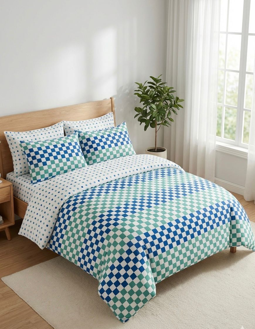 7 PC Aqua Blue Checkerboard Premium Bedsheet Set – Soft Cotton Comfort