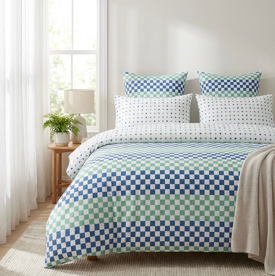 7 PC Aqua Blue Checkerboard Premium Bedsheet Set – Soft Cotton Comfort