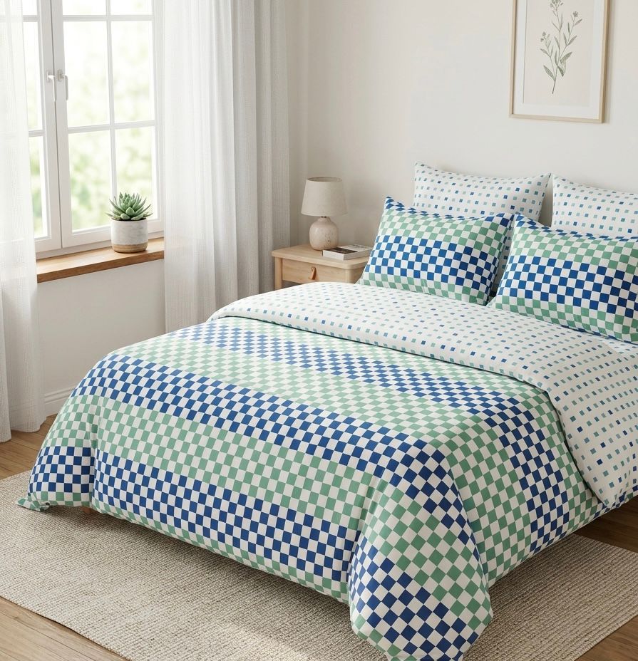 7 PC Aqua Blue Checkerboard Premium Bedsheet Set – Soft Cotton Comfort